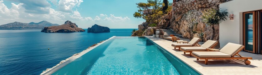 A beautiful pool with a white house and pink flowers on the balcony. The pool is surrounded by a white wall and has a view of the ocean