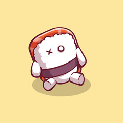 Illustration of an angry but very cute sushi carrying meat behind it 