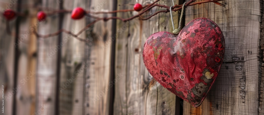 Poster heart shaped object hanging from a clothesline against a rustic wooden backdrop with space for addit