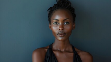 Unwavering Gaze: A young Black woman with striking features and braided hair stares directly at the camera, her gaze both intense and captivating against a minimalist backdrop. 