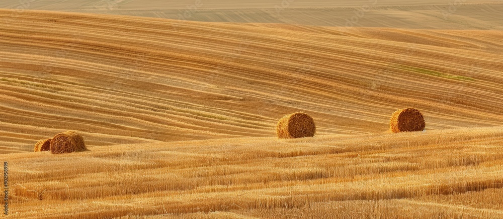 Poster freshly harvested wheat field with piles of wheat scattered in the landscape ideal as a copy space i