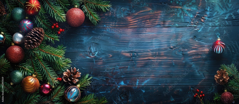 Aufkleber Festive backdrop with a Christmas theme featuring pine branches vibrant glass ornaments on a wooden surface Top down view with space for text or image insertion. Creative banner. Copyspace image