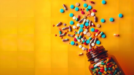 Obraz premium multicolored pills overflowing from a medicine bottle that illustrates the risks of addiction with copy space , Generative AI.