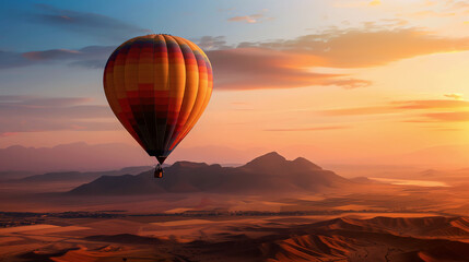 Obraz premium A vibrant hot air balloon floats majestically over a stunning desert landscape during a colorful sunrise.