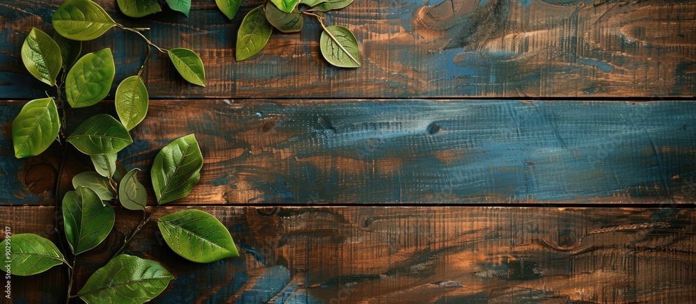 Aufkleber Creative rustic background with an arrangement of artificial leaves on a wooden surface for a flat lay top view copy space image with a design focus and empty space