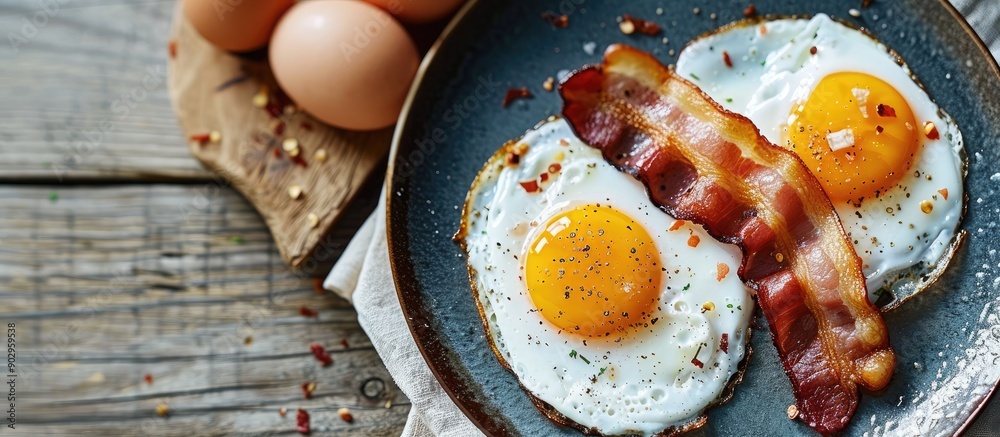Aufkleber Plate with a delectable dish of fried eggs and crispy bacon perfect for breakfast creating a charming and appetizing scene with a copy space image