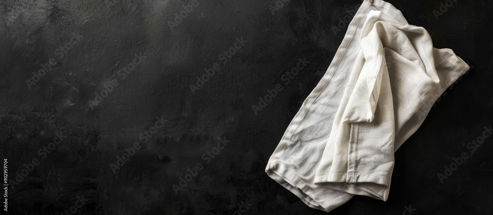 Poster top view of folded linen kitchen towel on black background with copy space image