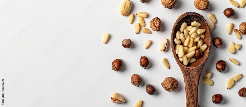 Aufkleber top down view of a wooden spoon surrounded by pine nuts and a few other nuts on a white background p