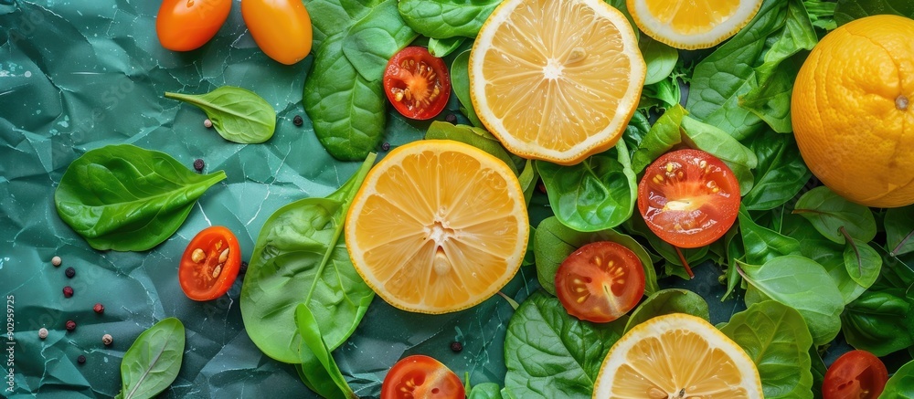 Aufkleber Top view of a vegan and vegetarian diet concept with a food pattern featuring lemons on a green paper background ideal for a square crop copy space image