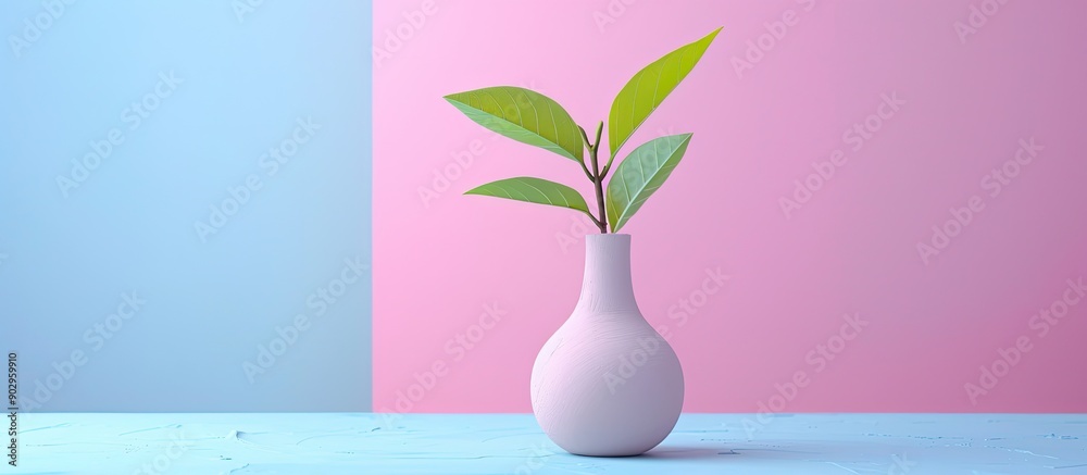 Aufkleber spring concept depicted with a gypsum vase displaying fresh leaves sprouting against a pastel pink a