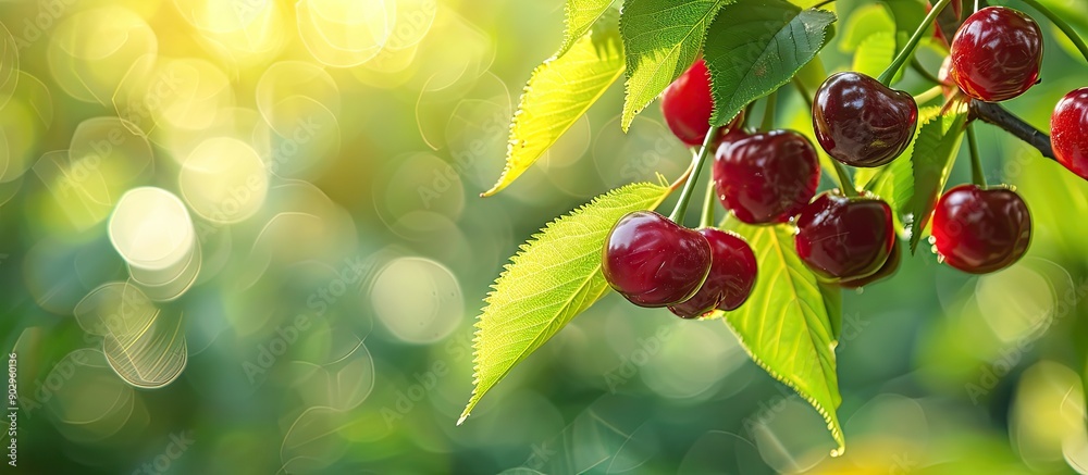 Poster Sweet cherry fruit ripens on a tree branch in the garden during summer The background features a blurred green bokeh effect and shallow depth of field offering a copy space image