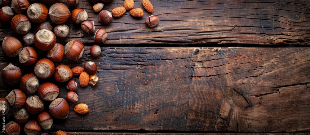 Poster healthy concept with hazelnuts and nuts arranged beautifully on a wooden table perfect for a copy sp