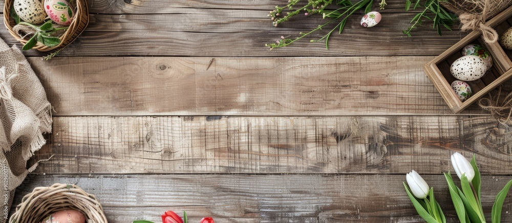 Poster Modern rustic wooden office desk with Easter decorations bunny egg tulip and accessories viewed from the top creating a holiday themed copy space image