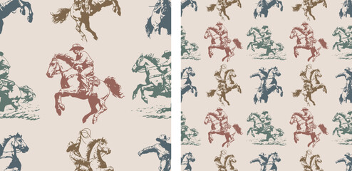 Cowboy Wild West Bucking Horse Rodeo Vintage Seamless Pattern Vector Illustration Earthy Colors