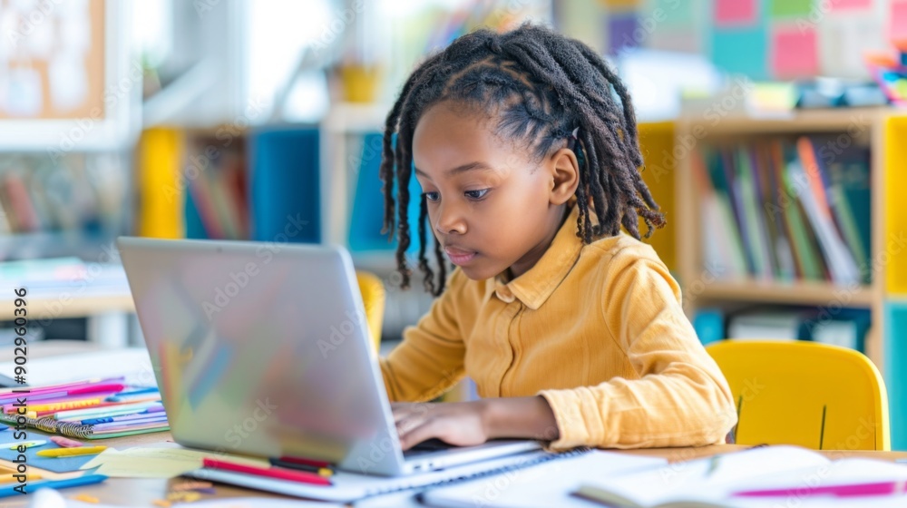 Aufkleber A child focuses intently on her laptop while surrounded by books and colorful classroom decor.
