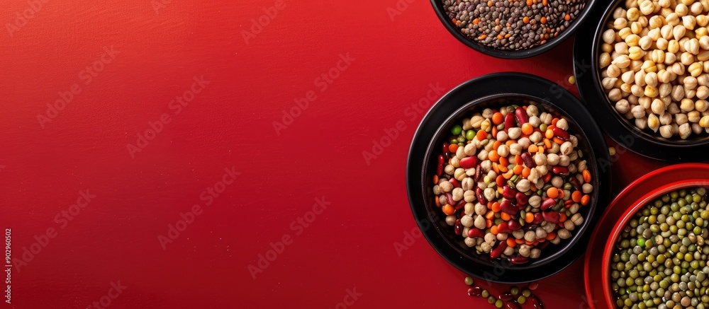 Poster a high quality photo of round bowls filled with legumes like chickpeas lentils and peas on a red bac