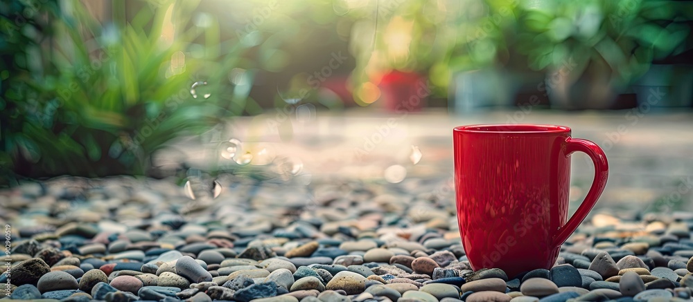 Sticker a red cup filled with coffee sits on a pebbled floor in a garden with a blurred background and empty