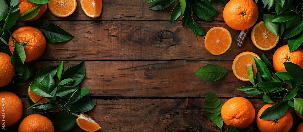 Poster A wooden table displaying fresh Sicilian oranges and leaves in a flat lay composition with room for text alongside the image. Creative banner. Copyspace image