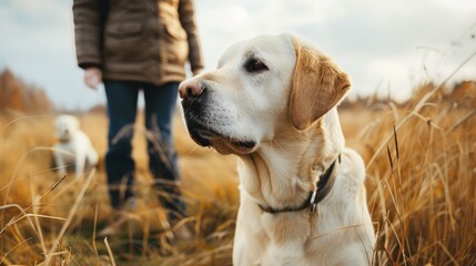 Labrador dog attentively follows commands from owner in field
