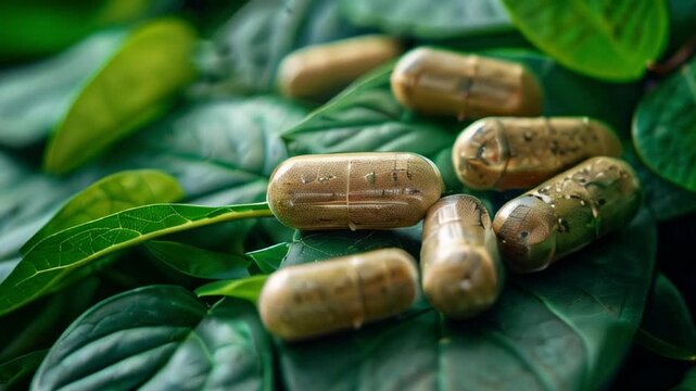 Top view of herbal capsules on leaf and tree for healthy eating in daily life