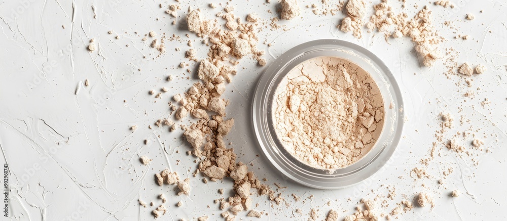 Poster A mineral loose powder for makeup displayed on a white background with ample copy space in a horizontal layout