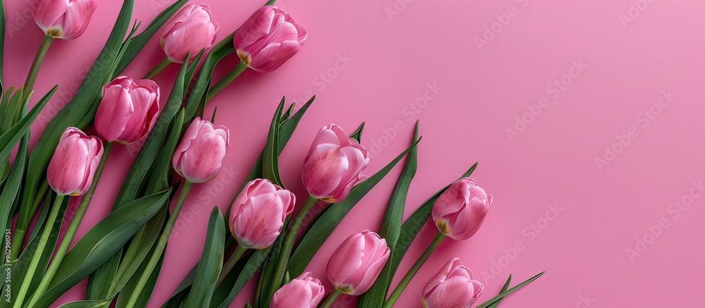 Poster background with pink tulips copy space image