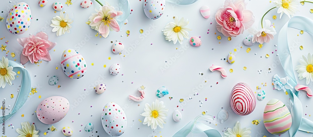 Poster easter themed background featuring pastel colored eggs flowers candy and ribbons on a white backdrop