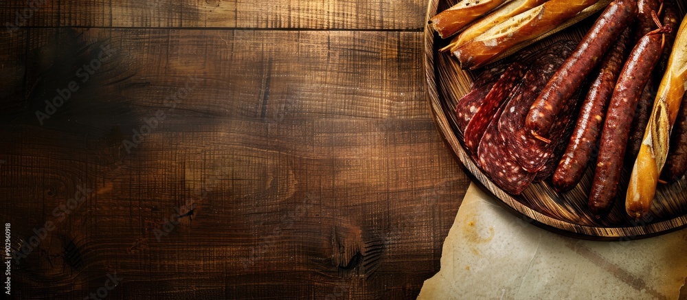 Aufkleber Wooden table setting with a variety of sausages like salami bresaola and prosciutto on a charcuterie plate accompanied by grissini bread sticks against a menu background with copy space image
