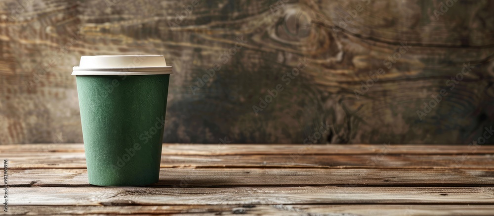 Poster green paper disposable cup placed on wooden table with ample copy space image