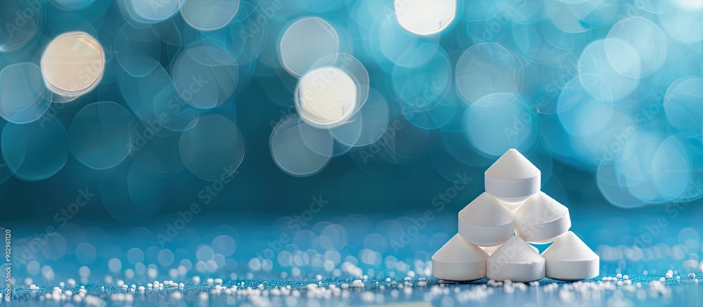 Aufkleber foreground close up of white pills forming a pyramid on a blue backdrop with soft bokeh providing co