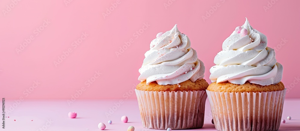 Poster galaxy whipped cream topped cupcakes on a pink backdrop with a space for text or image. creative ban