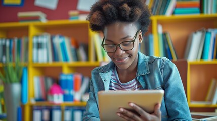 happy african american student using tablet in library with bookshelves in background smiling young woman with glasses working and learning online or studying through video call