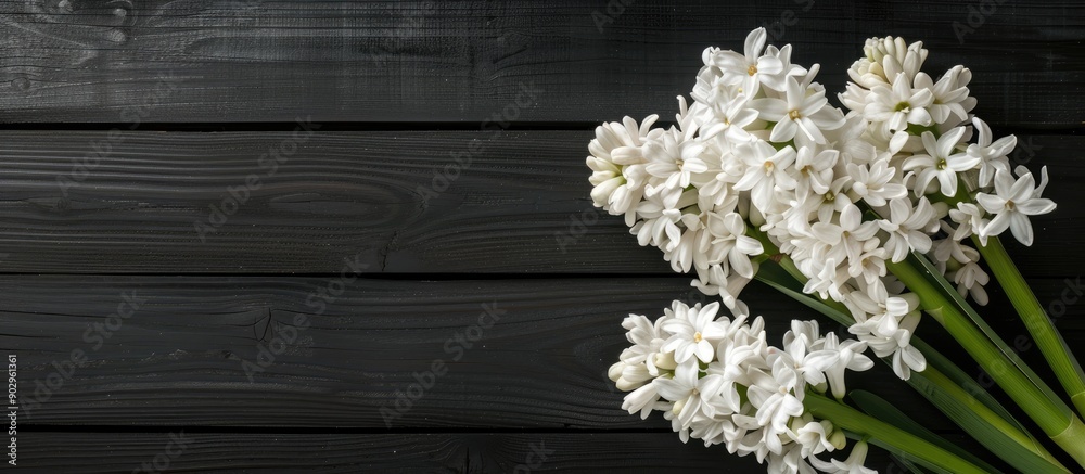 Aufkleber hyacinth flowers in a white color against a black wooden table with space for text or images. creati