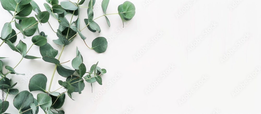 Aufkleber green eucalyptus leaves and branches in a corner frame a white background in a feminine styled stock