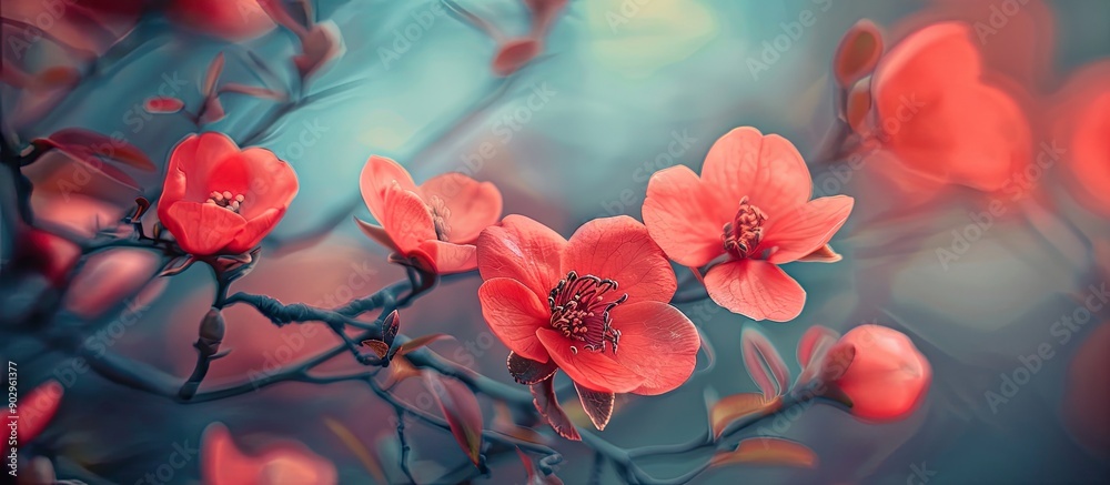 Leinwandbilder vivid red japanese quince flowers set against the backdrop of the sky on a flowering shrub the image