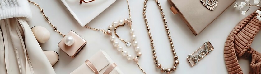 Beige and Gold Accessories Flat Lay Still Life Illustration