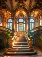 Fototapeta premium Elegant Interior of an Ornately Designed Staircase in a Historic Building