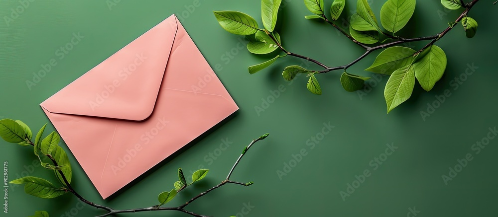 Aufkleber a light pink envelope rests on a green background with a green twig in a close up shot providing a s