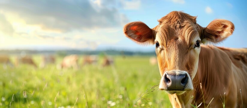 Innocent Jersey cow headshot in a green pasture with a herd and horizon in the background suitable as a copy space image