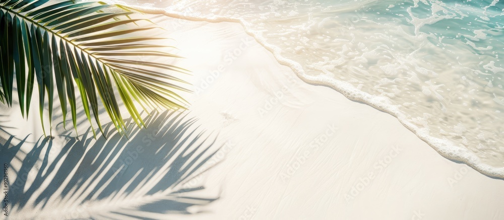 Aufkleber abstract white sand beach background with a palm leaf shadow and sun reflections on water creating a