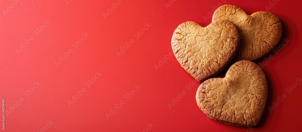 Aufkleber Top view of heart shaped gingersnap cookies on a red backdrop with space for text or images. Creative banner. Copyspace image