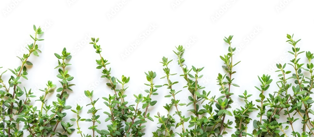 Aufkleber Top view of fresh thyme on white background with clipping path and full depth of field ideal for adding text in the copy space image