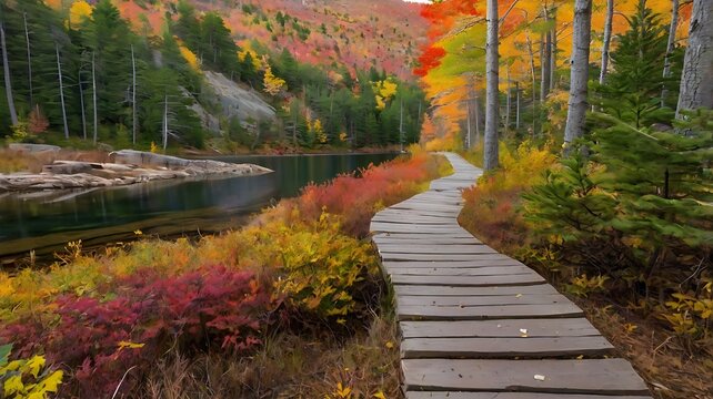 wooden path winds through a forest, alongside a calm