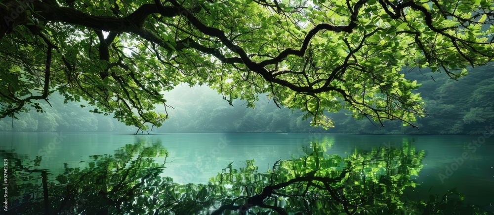 Poster Luxuriant tree branches with green foliage cascading above the mirrored water below creating a tranquil scene with copy space image