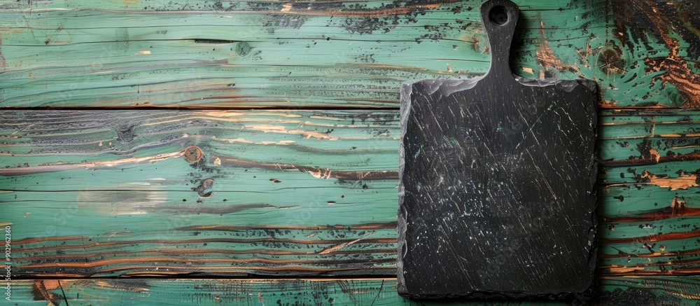 Poster a view from above showing a black stone cutting board placed on a green wooden tabletop with space f