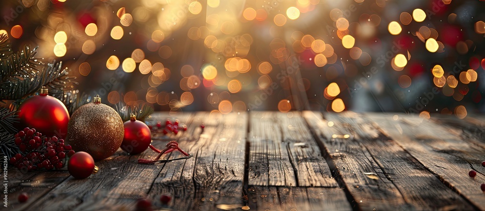 Aufkleber a wooden table adorned with christmas ornaments set against a blurry bokeh background creating a fes