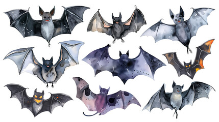 Fototapeta premium Set of isolated Halloween bat decoration elements in cute doodle hand-drawn watercolor illustration style on transparent background, Volume 2: Black color tone.