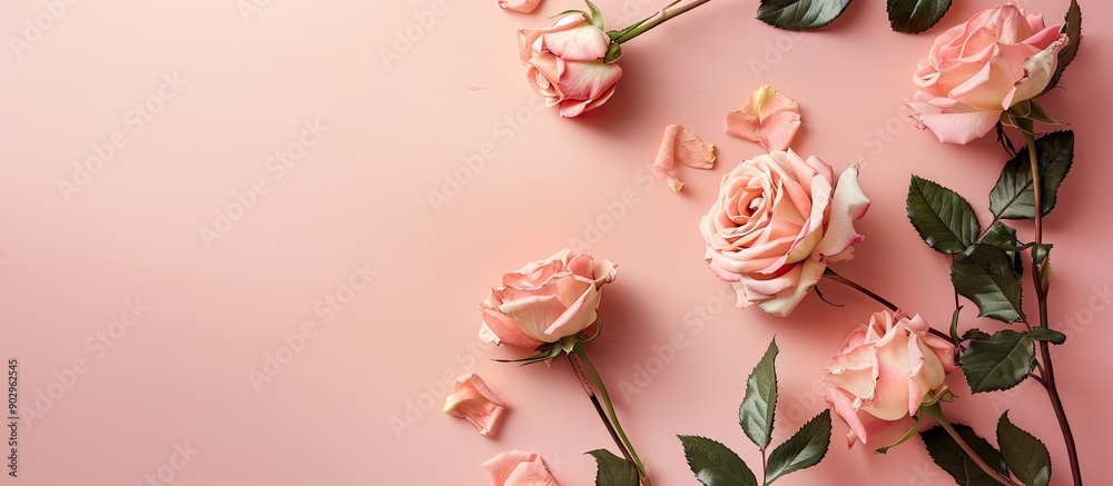Poster top view flat lay of fresh pink roses on a pastel paper background with copy space image perfect for