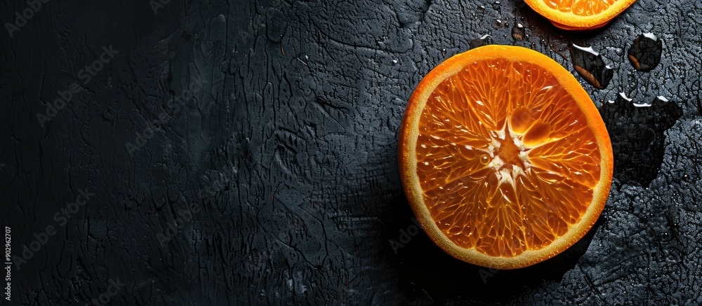 Poster Fresh orange on a dark background ideal for healthy food concepts Perfect as a copy space image for fruit ads or web backgrounds with room for text or logos