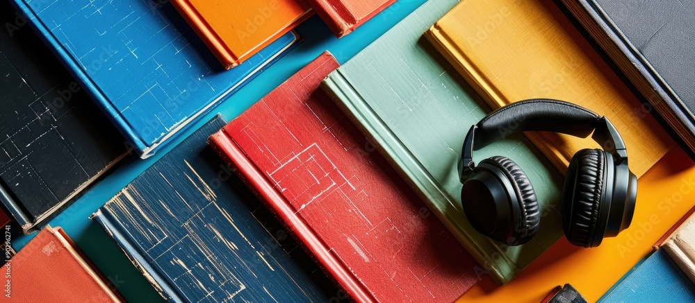 Poster a variety of colorful hardcover books with blank covers and black headphones on a table contrasting 